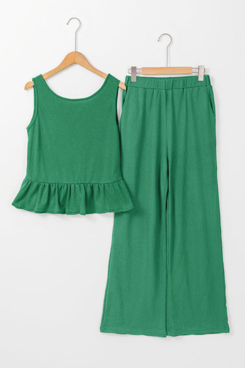 Solid Color Ribbed Ruffle Tank Top and Pants Set